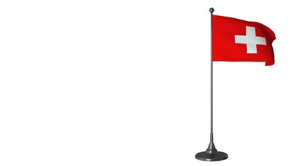 Switzerland small flag fluttering on a flagpole. White screen background, alpha channel 4K