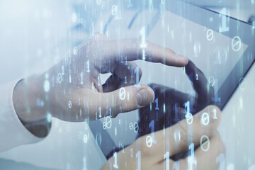 Multi exposure of man's hand holding and using a digital device and data theme drawing. Innovation concept.