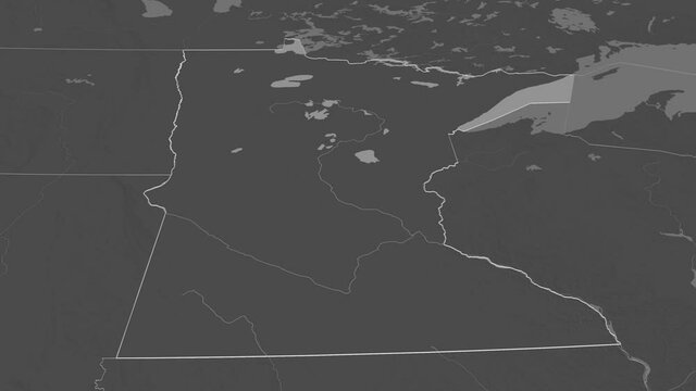 Minnesota, state with its capital, zoomed and extruded on the bilevel map of United States in the conformal Stereographic projection. Animation 3D