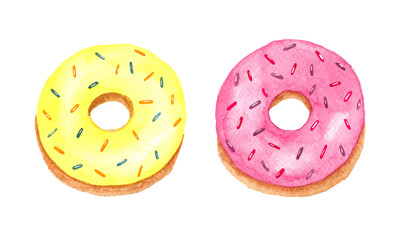 Colorful watercolor donuts with sprinkles isolated on white background.
Bright, fresh illustration is perfect for your project, cards, prints, covers, menu, patterns.