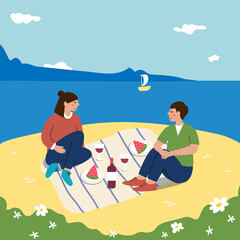 Young family have a picnic on the beach. Happy man and woman smiling and enjoying their date on the coast. Small yacht sailing in the  sea. Seascape with blue sky and white clouds cartoon vector