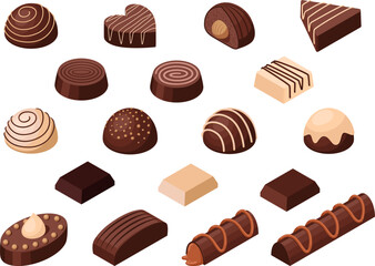 Isometric vector set of chocolate candies different types and forms. Isolated on white background. Sweet food vector illustration.