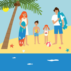 Young family with kids on the beach. Flat vector illustration of happy family with two children - boy and girl standing above palm and enjoying their vacation trip on the tropical seashore