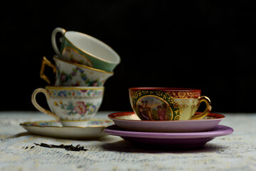 Herbal tea table with black background. Healthy concept