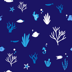 Seamless pattern with exotic tropical coral reef fish. Cute vector illustration with swimming between seaweeds underwater sea animals. Summer backdrop with fish silhouettes  for textile