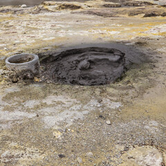 Furnas in island of Sao Miguel, famous of geysers, hot springs and cooking holes in Azores, Portugal