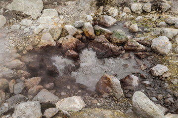 Furnas in island of Sao Miguel, famous of geysers, hot springs and cooking holes in Azores, Portugal