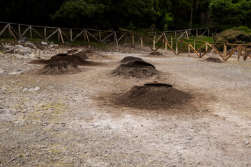Furnas in island of Sao Miguel, famous of geysers, hot springs and cooking holes in Azores, Portugal