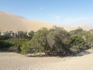 Huacachina Peru desert oasis water reservoir and palm trees 2019