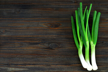 Spring onions on wooden background with copy space