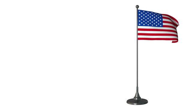 American small flag fluttering on a flagpole. White screen background, alpha channel 4K