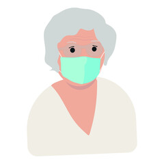 Old woman Wearing a Protective Mask and glasses to Protect Covid-19 or Corona Virus Outbreak flat illustration isolated on white background grey-haired grandmother or grandma in depressed  mood. 