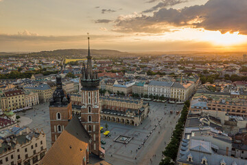 Krakow. Beautiful Main Square at sunset