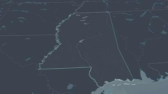 Mississippi, state with its capital, zoomed and extruded on the administrative map of United States in the conformal Stereographic projection. Animation 3D