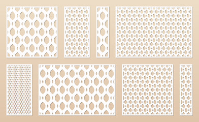Laser cut panel collection. Cnc pattern set. Vector template with abstract geometric texture of grid, mesh, net, lattice, weave. Decorative stencil for laser cutting. Aspect ratio 1:1, 1:2, 1:4, 3:2