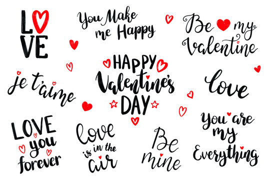 Vector Valentine’s day hand lettering love phrases. Hand writting design elements. Set of calligraphic quotes. Typography background, romantic words as photo overlays