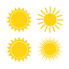 Flat yellow sun icon collection on white background. Vector flat cartoon illustration.
