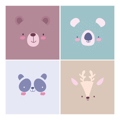 cartoon cute animals characters faces collection design