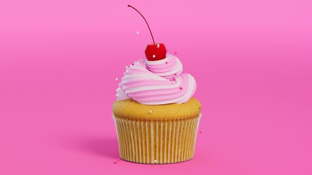 A tasty cupcake with sweet cream and cherry decorating with sprinkles. Muffin.