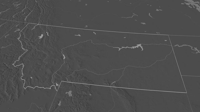 Montana, state with its capital, zoomed and extruded on the bilevel map of United States in the conformal Stereographic projection. Animation 3D