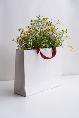 A huge bouquet of field daisies in a white bag on an isolated background. Ecological clean and natural product. Pharmacy flowers.