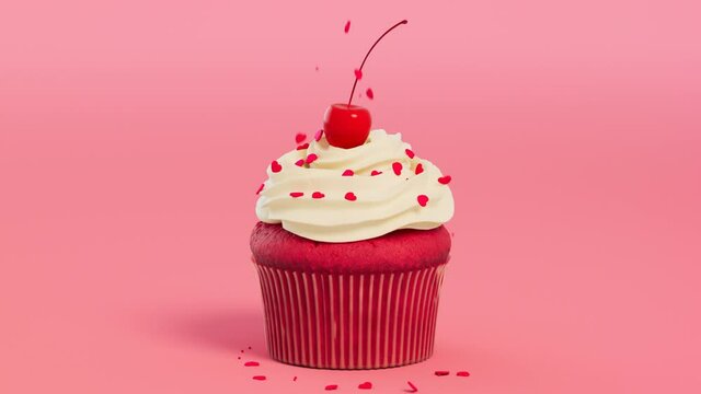 A cupcake with cream and cherry. Valentines' decorating. Heart-shaped sprinkles.