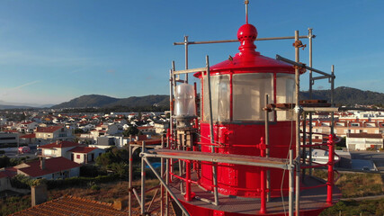 Conservation and restoration work taking place on the Farol de Esposende (Esposende Lighthouse) set in front of the Fort of Sao Joao Baptista de Esposende, situated at the mouth of Cavado river.
