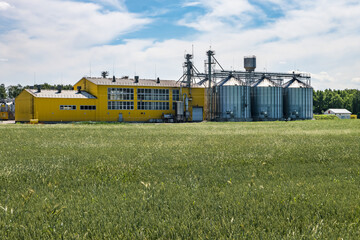 Fototapeta na wymiar silver silos on agro-processing and manufacturing plant for processing drying cleaning and storage of agricultural products, flour, cereals and grain. Granary elevator.