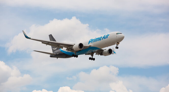 Chicago, USA - June 23, 2020: Prime Air cargo Boeing 767 aircraft landing at O'Hare International Airport.