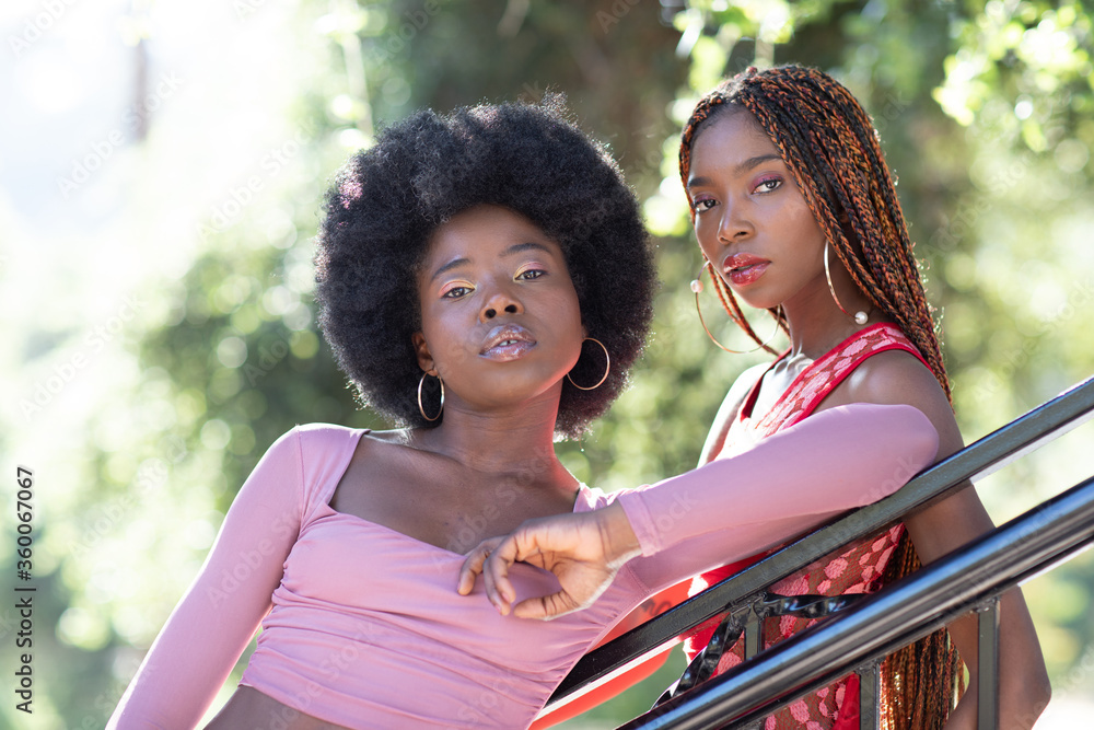 Wall mural Fancy looking black girls posing in a fashion magazine style outdoors.