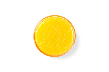  Top view Orange juice in glass isolated on white background.