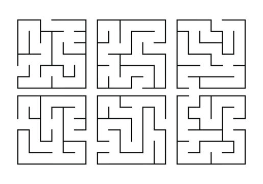 Set of education logic game. Find right way. Labyrinth, conundrum for kids. Collection of six simple square mazes with black line on white background. Vector illustration.