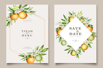 Botanical watercolor orange fruits wedding invitation card template