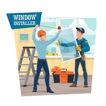 UPVC windows installer service, vector banner. Workers in uniform measuring a frame with tape and installing a window in house or apartment. Serviceman with tools, folding ladder and toolbox