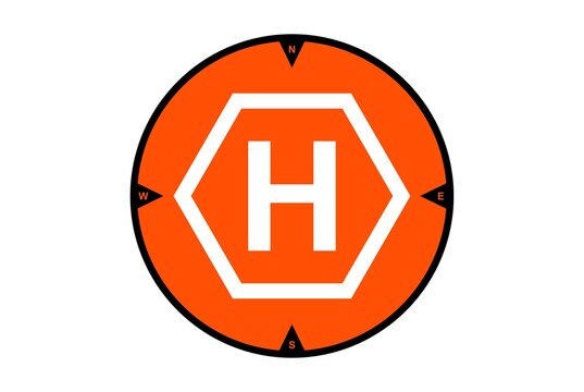 Red Drone Take-off And Landing Pad With Cardinal Point Markings, Isolated On A White Background. High-visibility Helipad Icon For Remotely-operated Multicopter Aircraft, Unmanned Aerial Vehicles.