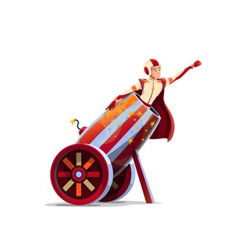 Big Top Circus Human Cannonball Performer Cartoon Vector. Man In Helmet And Cape, Circus Performer Sitting In Middle Ages Canon Or Bombard Mortar With Fired Fuse And Aiming, Pointing With Fist In Sky