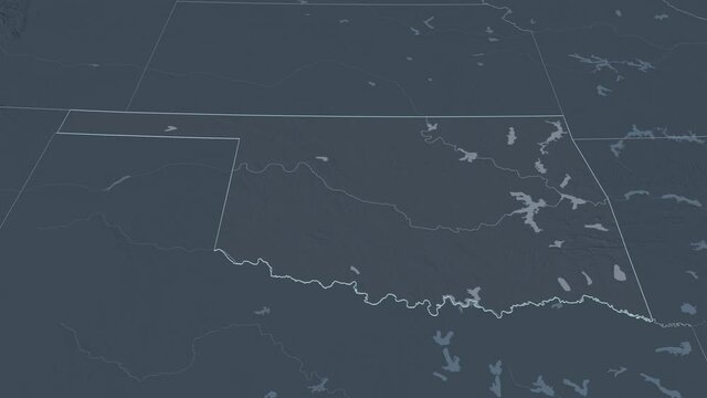 Oklahoma, state with its capital, zoomed and extruded on the administrative map of United States in the conformal Stereographic projection. Animation 3D