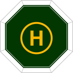 Green and yellow helideck icon, helicopter and drone landing pad, isolated on a white background. High-visibility helipad symbol for multicopter aircraft and unmanned aerial vehicles. Air transport.