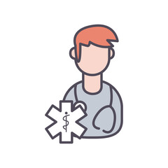 male doctor and caduceus line and fill style icon vector design