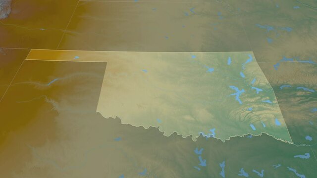 Oklahoma, state with its capital, zoomed and extruded on the relief map of United States in the conformal Stereographic projection. Animation 3D