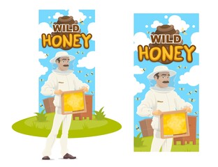 Beekeeper with honeycomb on apiary. Vector banner honey production, beekeeping hobby. Man in protective clothing, veil on hat working on apiary, standing near hives, holding a frame with honeycomb