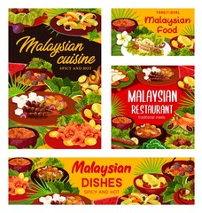 Malaysian cuisine dishes, snacks, desserts. Vector fried shrimps and stuffed crab, beef rib soup, bean sprouts with anchovies, Devils curry and fish meals, vegetable garnish and fruit dessert