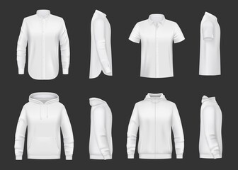 White sweatshirt, hoodie and shirt realistic vector mockup of men clothes. Front and side views of shirts with hood, long and short sleeves, zipper and pocket, 3d template of sweaters, sport jackets