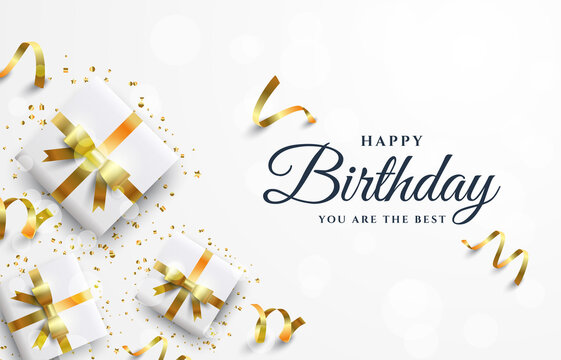 Happy birthday background with white 3d gift box illustrations.