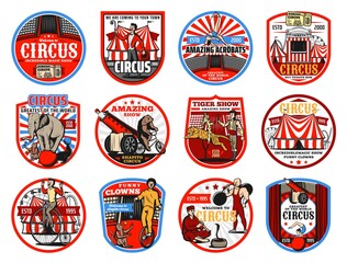 Circus shapito retro icons, vector entertainment carnival top tents, trained animals and performers. Clown, elephant and ticket box, acrobats, muscle man and monkey, bear on bicycle and circus arena © Vector Tradition
