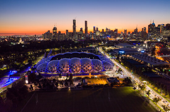 Melbourne Australia May 15th 2020 : Aerial Night View Of AAMI Stadium And The City Of Melbourne At Sunset