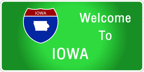 Roadway sign Welcome to Signage on the highway in american style Providing iowa state information and maps On the green background of the sign vector art image illustration 