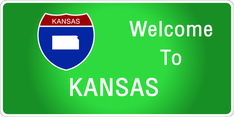 Roadway sign Welcome to Signage on the highway in american style Providing kansas state information and maps On the green background of the sign vector art image illustration 