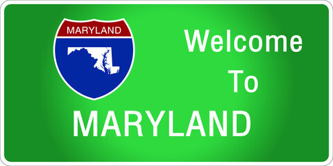 Roadway sign Welcome to Signage on the highway in american style Providing maryland state information and maps On the green background of the sign vector art image illustration 