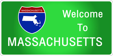 Roadway sign Welcome to Signage on the highway in american style Providing massachusetts state information and maps On the green background of the sign vector art image illustration 
